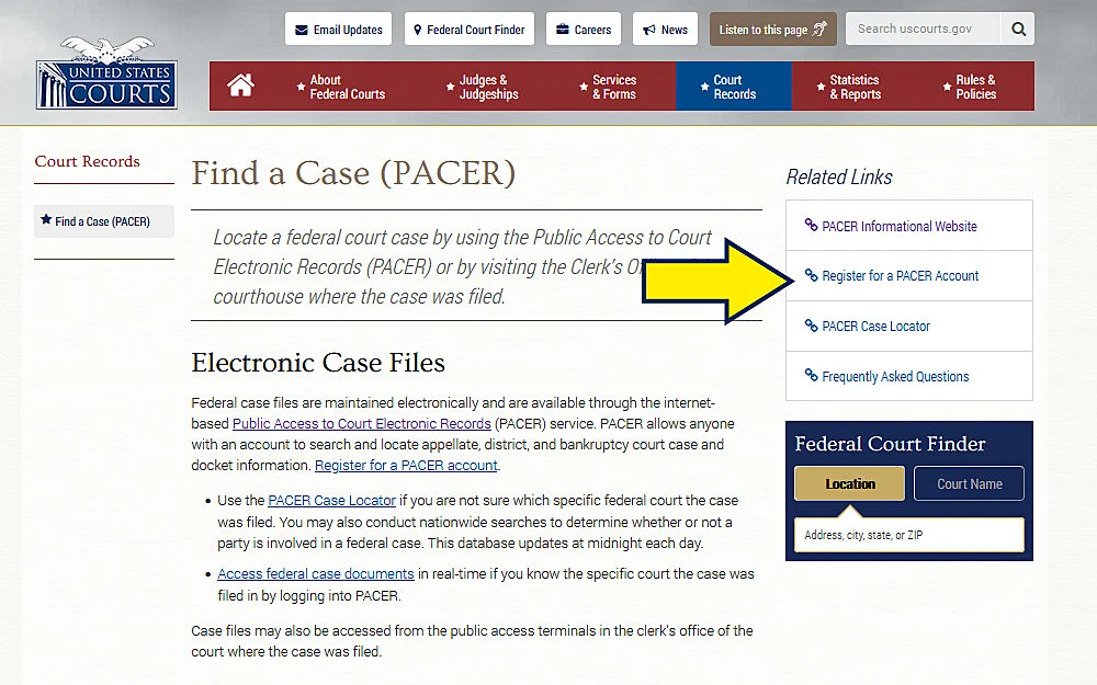 Arrow pointing to how to find recent arrests on the PACER website by registering for an account. 