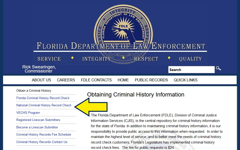 FDLE criminal History website screenshot.