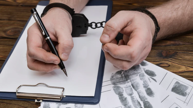 A man's hand in handcuffs holding a pen on a blank white paper clippied on a clipboard.