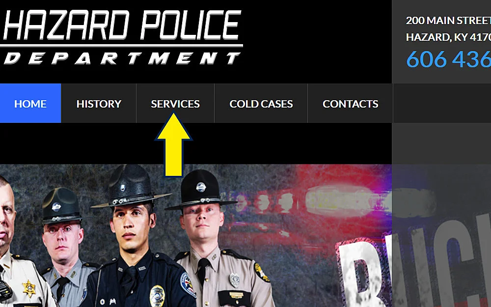 Hazard police department website screenshot with arrow pointing to services. 