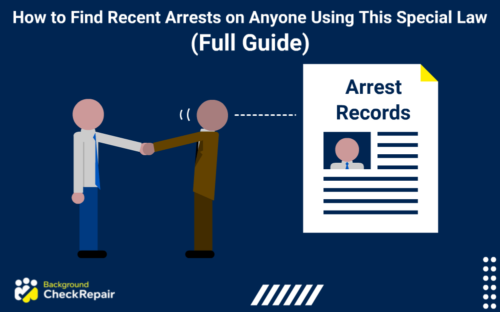 Man in a brown suit after being released from a recent arrest shaking hands with another man in a white shirt while discussing how to find recent arrests with a criminal records document showing all arrests including a mug shot on the right.