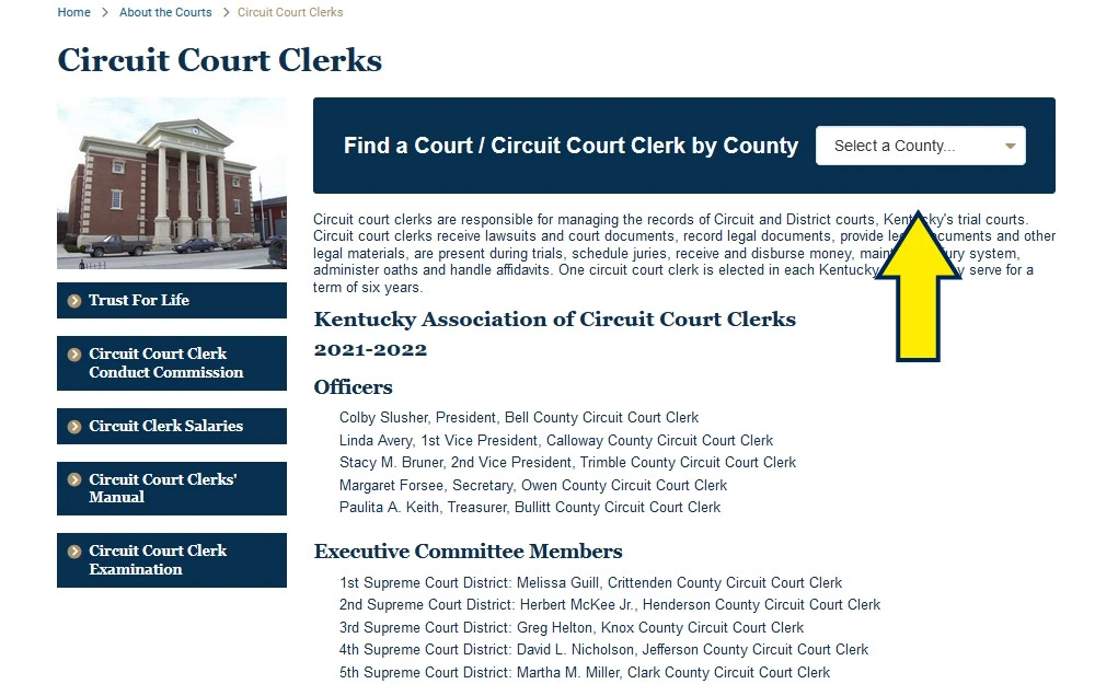 Kentucky circuit court clerks website screenshot. 