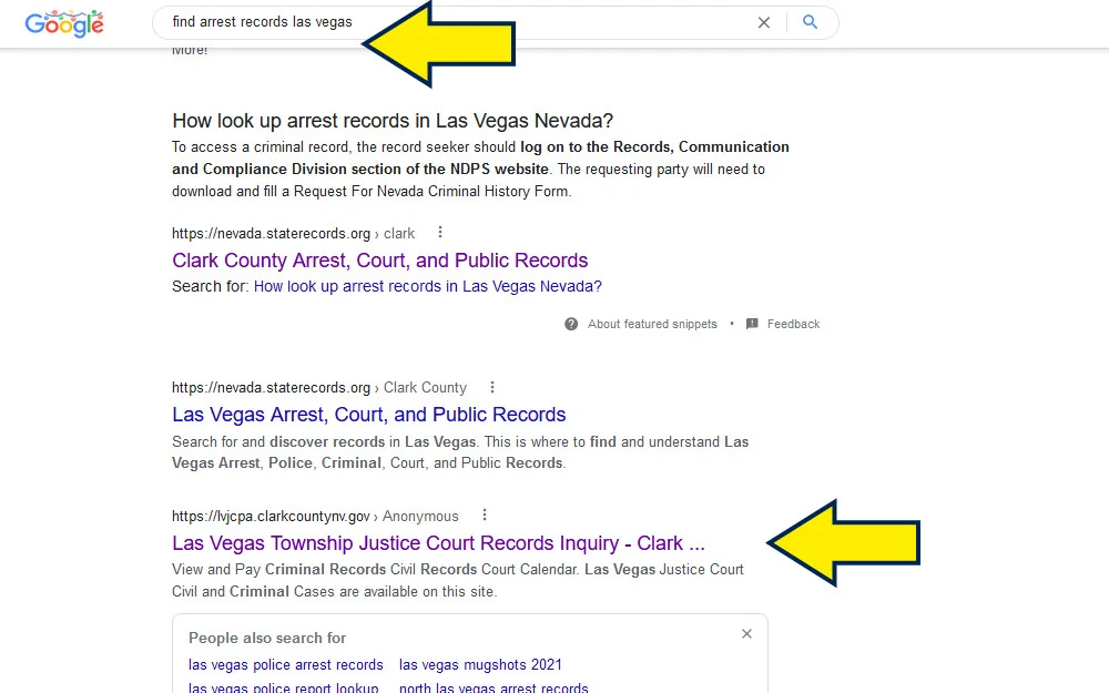 Las Vegas criminal arrest records google search screenshot. 
