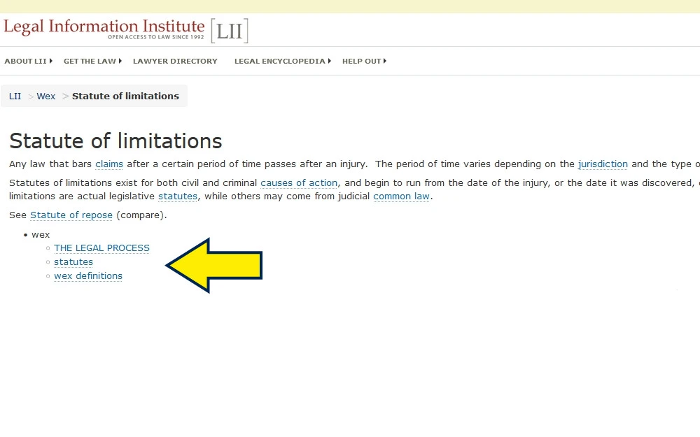 Cornell Law School website screenshot outlining statute of limitations for how long do the police have to charge you with a crime.