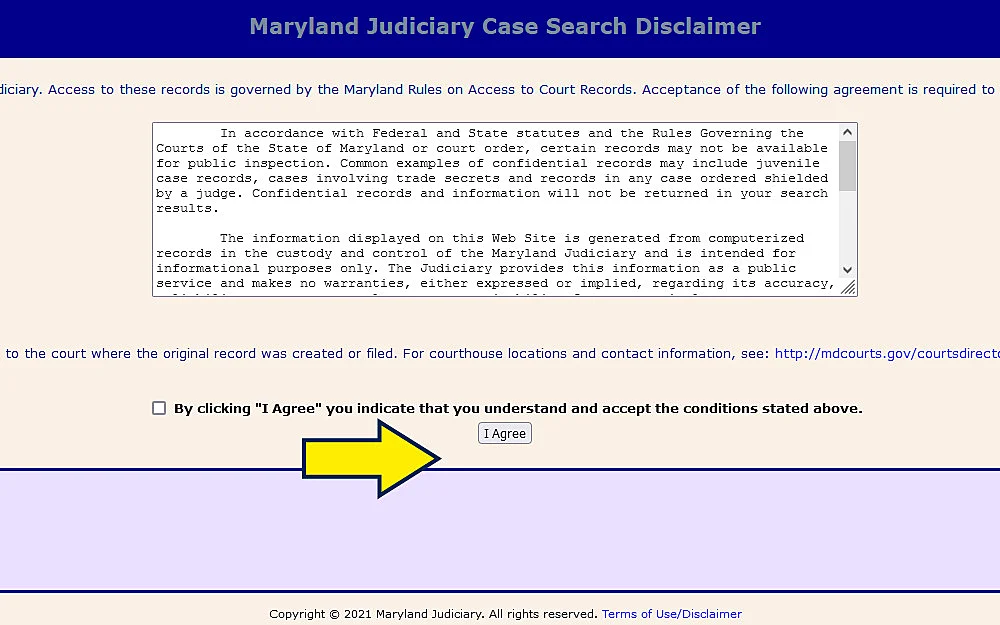 Maryland Judiciary Screenshot for using services for running a criminal background check on yourself. 