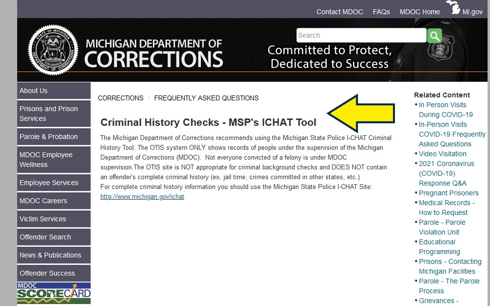 Michigan Department of Corrections ICHAT tool website screenshot. 