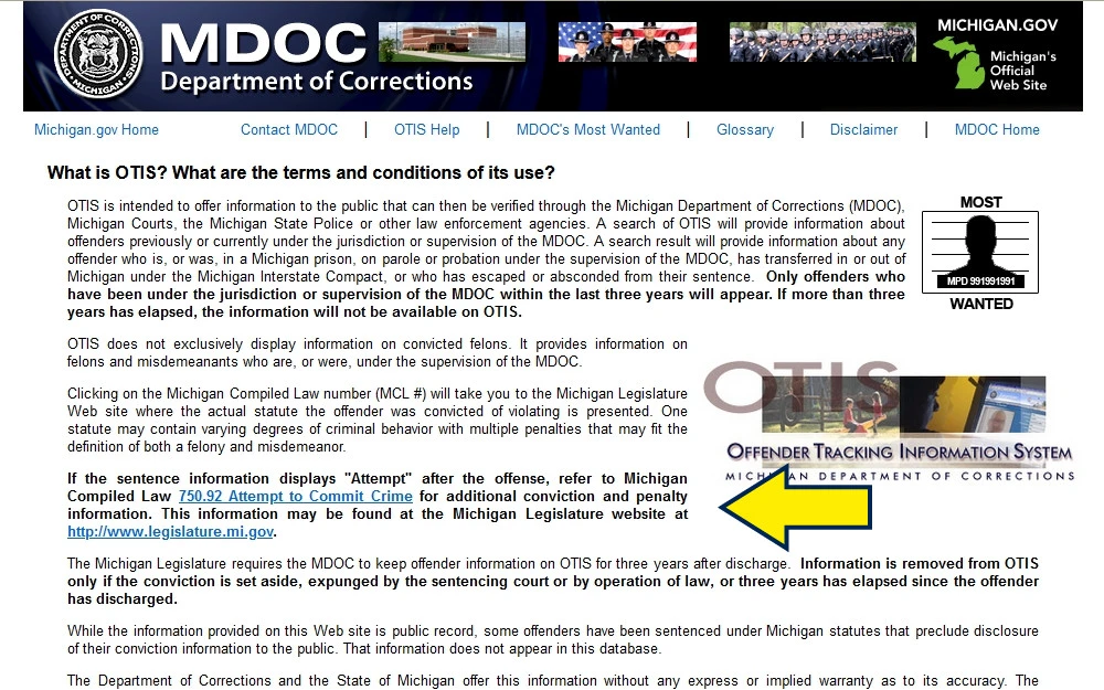 Michigan department of corrections website screenshot. 