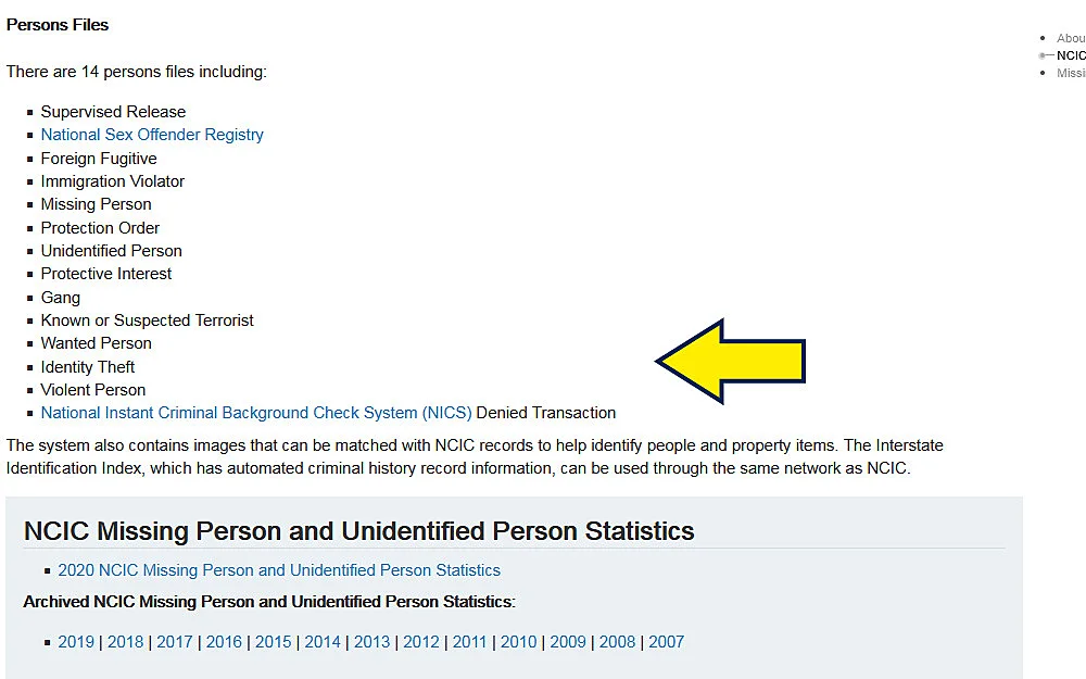 NCIC person files screenshot resource with arrow pointing to link. 