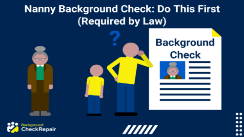 Elderly caretaker checked out on the left, parent and child looking at a nanny background check document on the right to look for any signs of criminal records.
