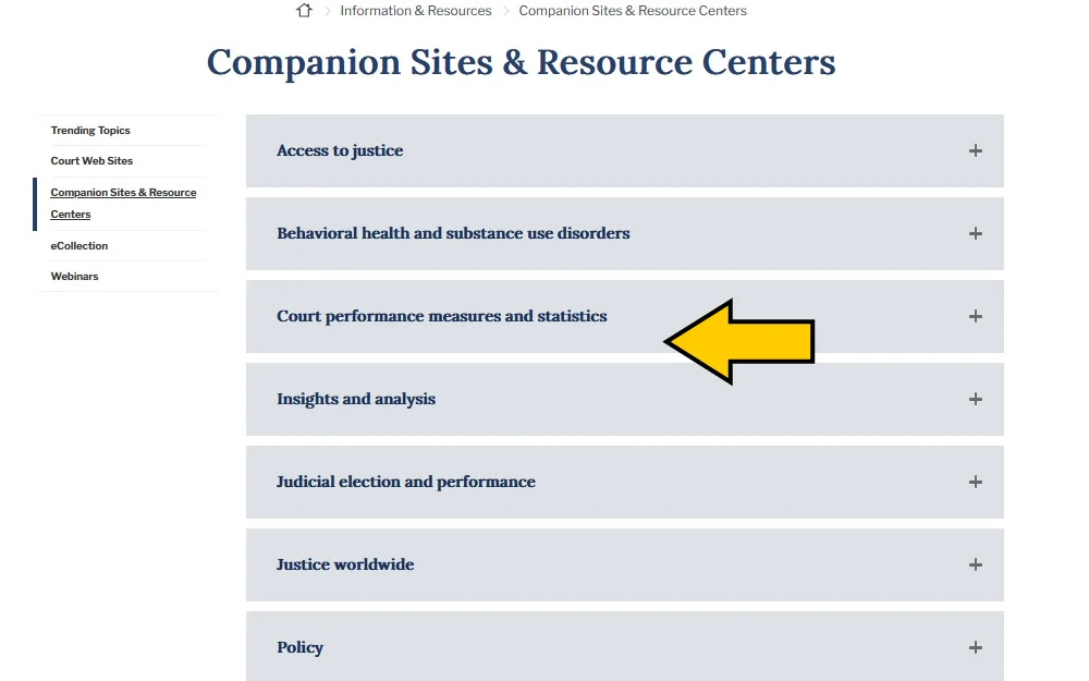 National Center for State Courts companion and resource page with yellow arrow highlighting resources for how to find out where someone lives. 