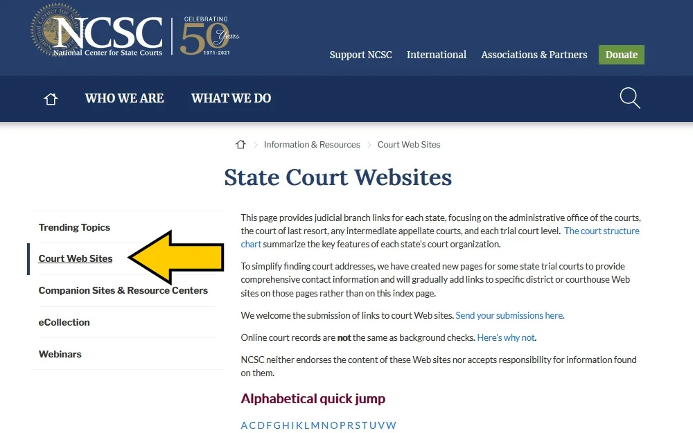 National Center for State Courts website screenshot. 