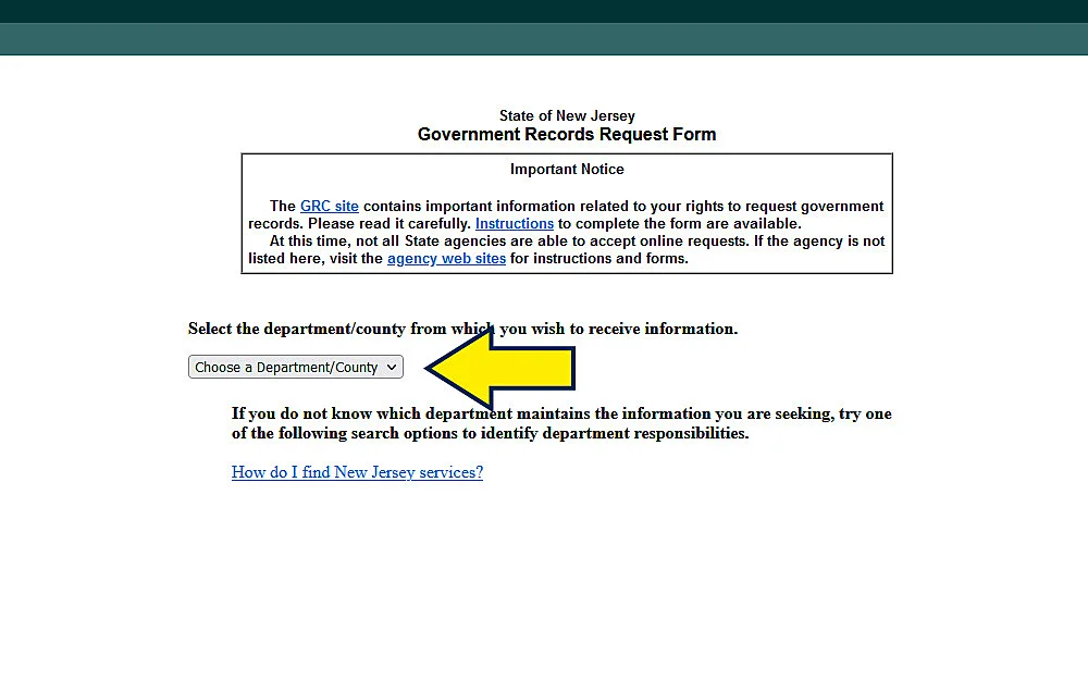 New Jersey Government Request Form website screenshot for conducting a free volunteer background check. 