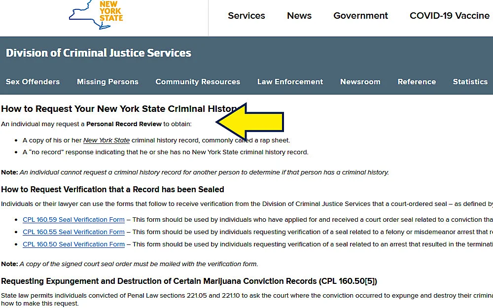New York Criminal Justice Division website screenshot for how to find recent arrests. 