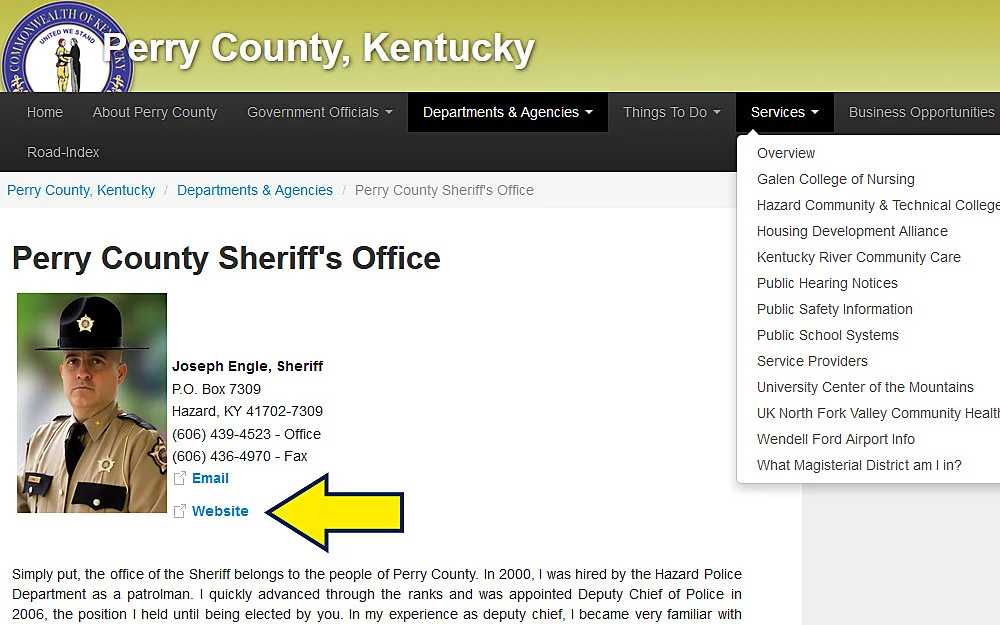 Perry County Sheriff website link screenshot with yellow arrow pointing to resource for how to find recent arrests.