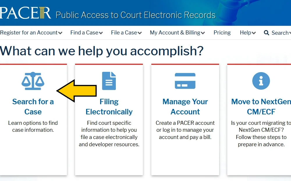 Public access to court electronic records system website screenshot with arrow pointing to resource on how long does a criminal background check take. 