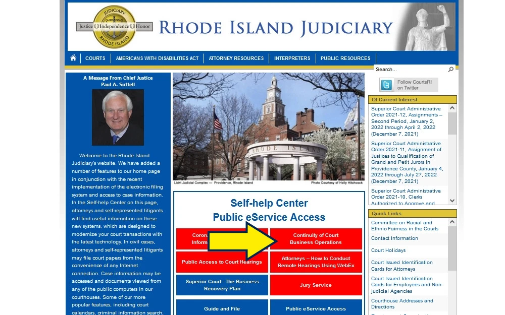 Rhode Island Judiciary website screenshot. 
