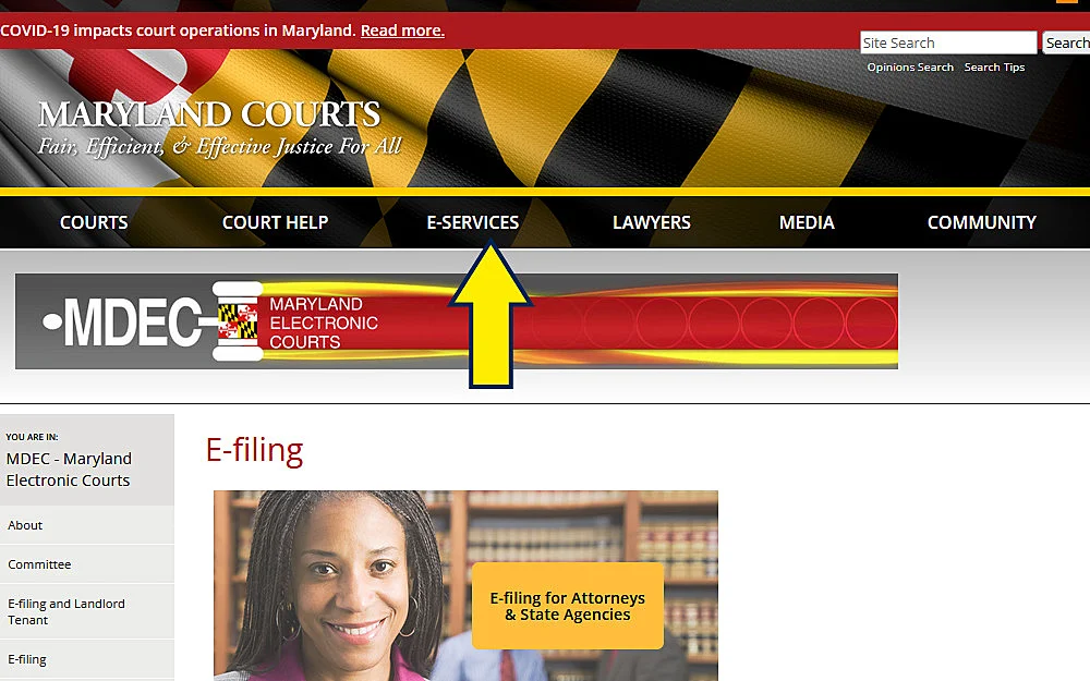 Maryland e-file court clerk screenshot for learning how to run a criminal background check on yourself. 