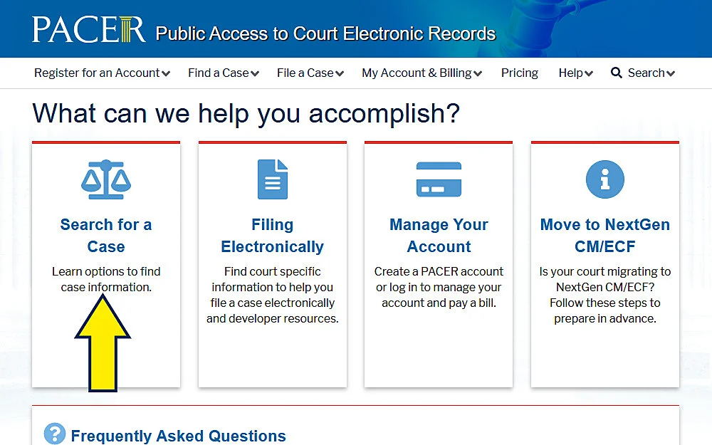 PACER website screenshot with yellow arrow pointing to how to find cases. 