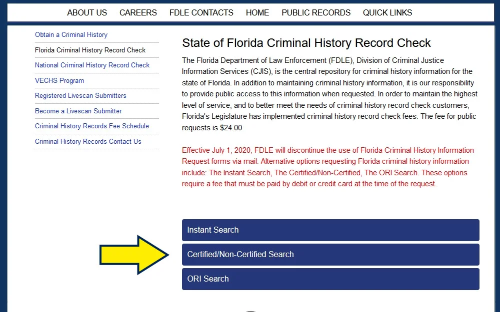 Criminal history record checks types website screenshot Florida Department of Law Enforcement.