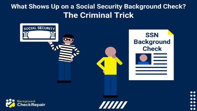 Criminal inmate holding up a social security card on the left while another man looks at a SSN background check document on the right and rubs his chin while wondering what shows up on a social security background check.