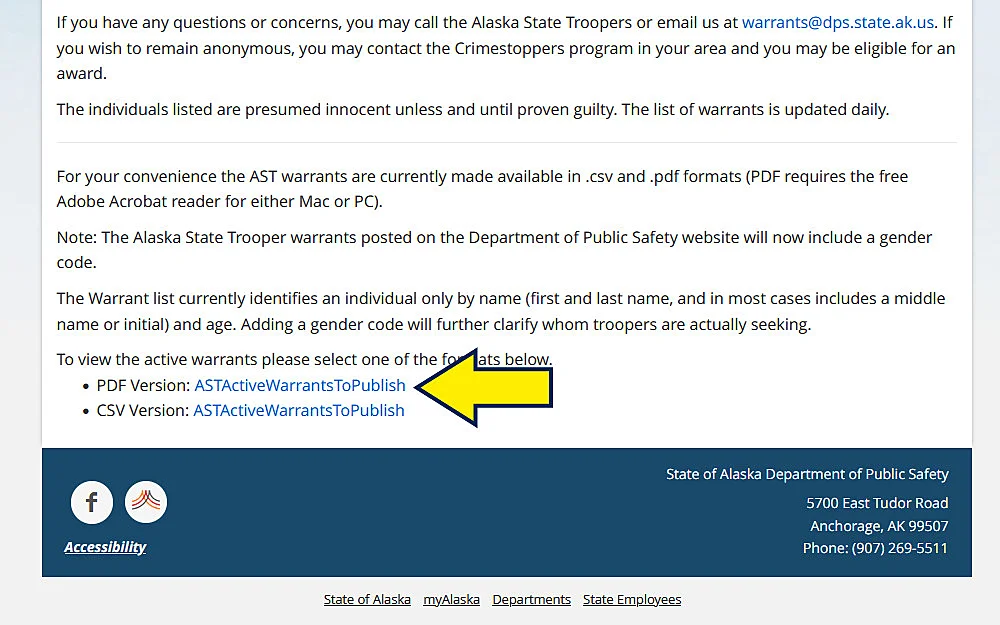 Find active warrants in Alaska screenshot. 