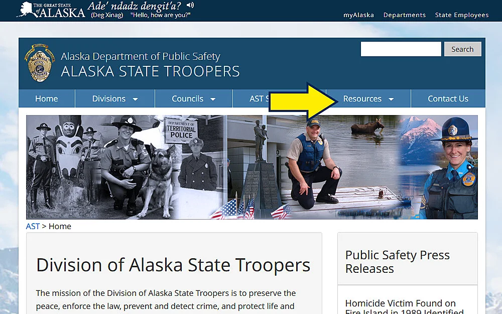 Alaska State Troopers wesbite screenshot for how to find someone's criminal record information. 
