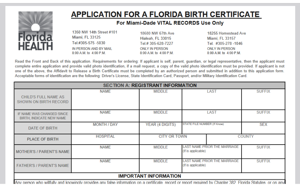 An application form for a Florida birth certificate from the Florida Health Department, detailing registrant information, and including addresses for Miami-Dade County Vital Records.