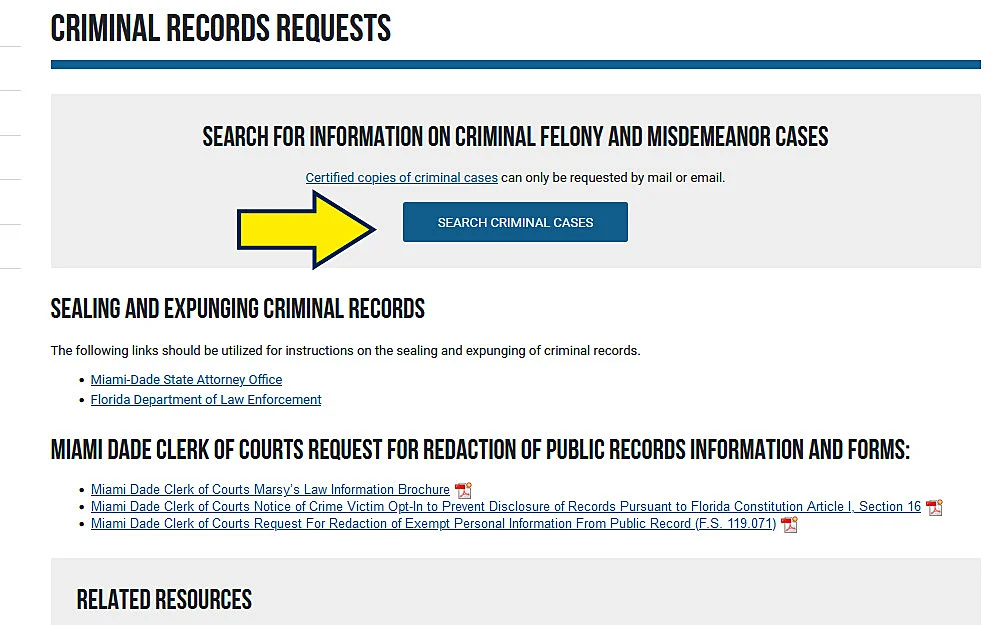 Background Check Miami Dade Criminal Records Request Page screenshot. 