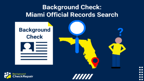 Man on the left wondering how to perform a background check, Miami marked on a Florida map in the middle with Miami-Dade County shown by a red map pin, with a background check and criminal records document on the right.