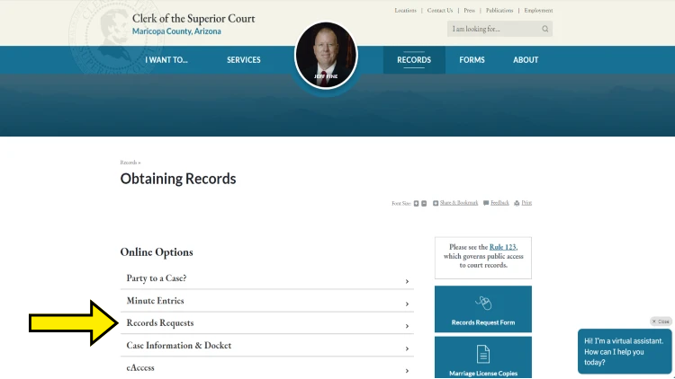 Screenshots from the Clerk of the Superior Court in Maricopa County, Arizona, show a yellow arrow pointing to the records requests option.