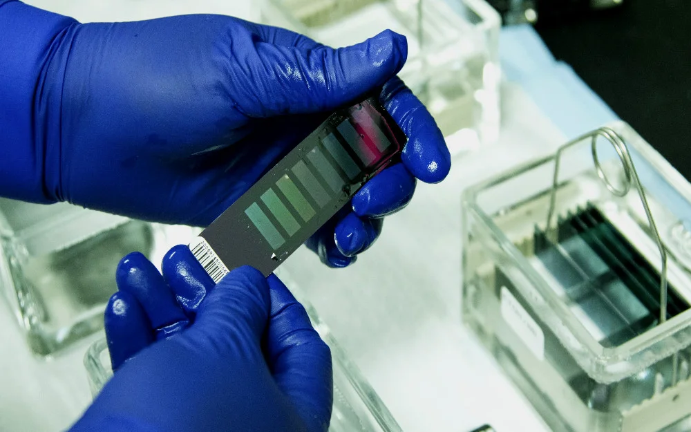 Manin a laboratory wearing blue gloves measuring a bar graph reader drug test with red spectrum at the top. 