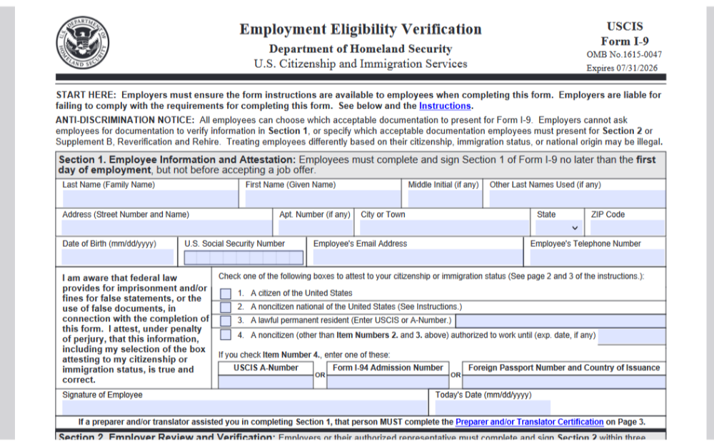 A USCIS Form I-9 for Employment Eligibility Verification, which requires personal and employment information from employees to verify their eligibility to work in the United States.