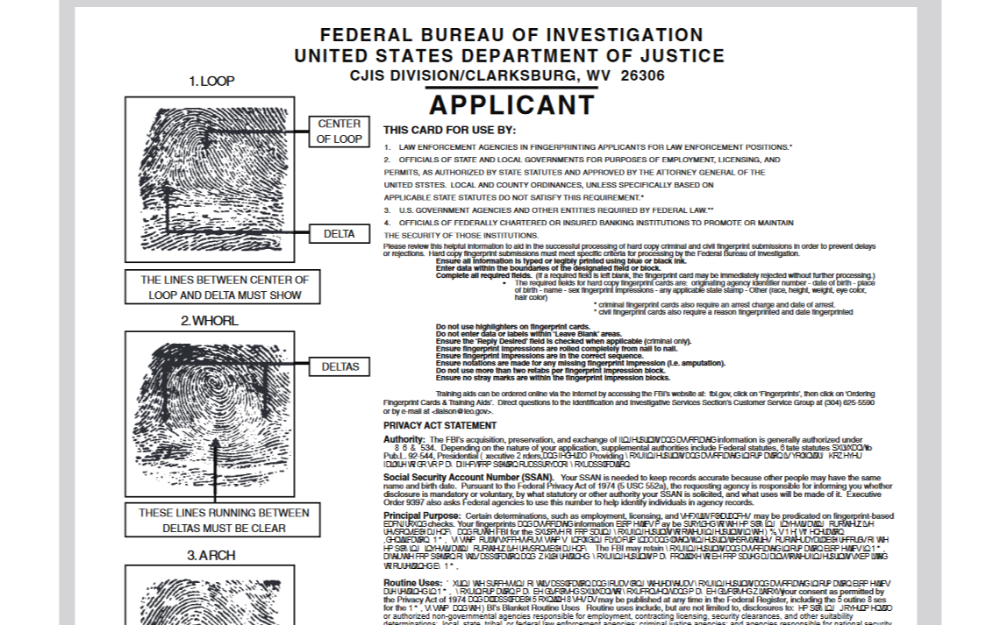 An FBI fingerprint card from the CJIS Division in Clarksburg, WV, providing detailed instructions for capturing applicant fingerprints, legal usage guidelines, and sections explaining data privacy and authority for fingerprint collection.