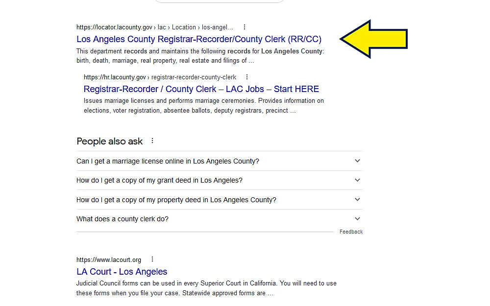 Google search of Los Angeles County Clerk screenshot. 
