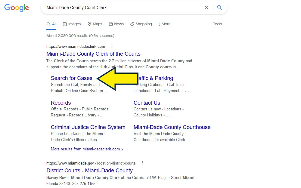Sreenshot of Google search for Miami Dade court records. 