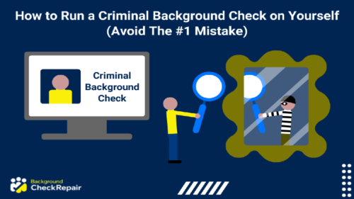 Inmate in a yellow shirt holding up a magnifying glass to himself in a mirror on the right while wearing a jail striped shirt wondering how to run a criminal background check on yourself and avoid mistakes, with a computer terminal displaying a criminal background check report on the left showing all criminal records and charges.