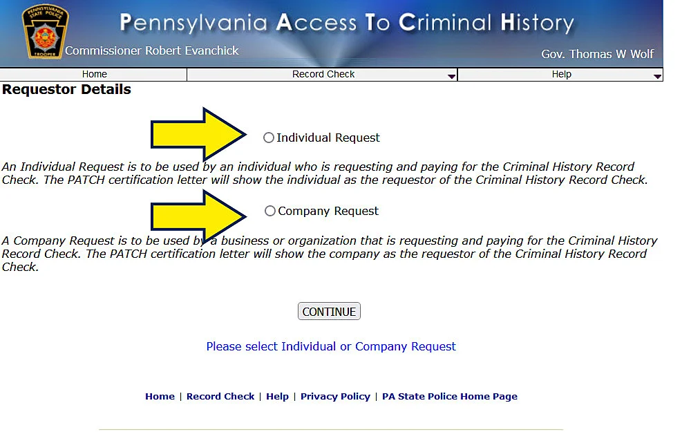 PATCH screenshot for individual or company criminal background check PA. 