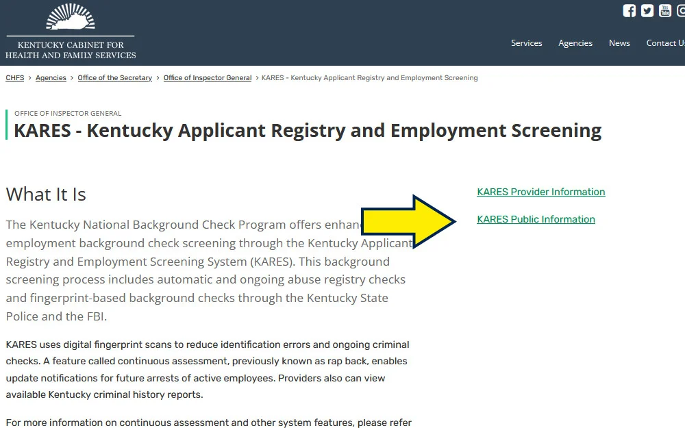 KARES website screenshot background check for healthcare workers. 