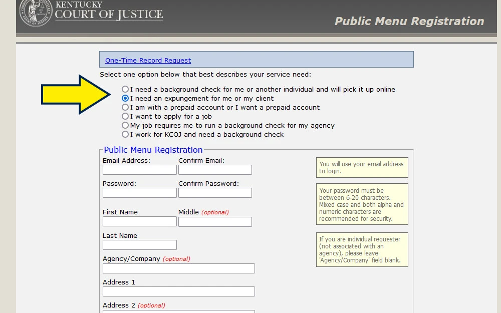Kentucky State background check fastcheck registry page screenshot. 