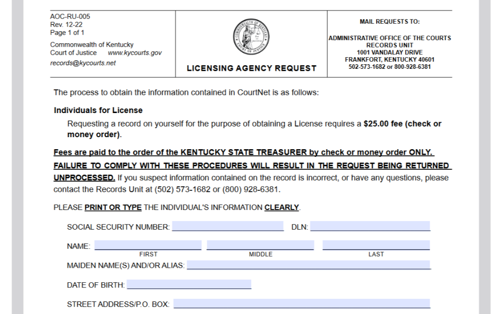 A form from the Commonwealth of Kentucky Court of Justice for a licensing agency request, detailing the process and fees for obtaining a record for the purpose of licensing.