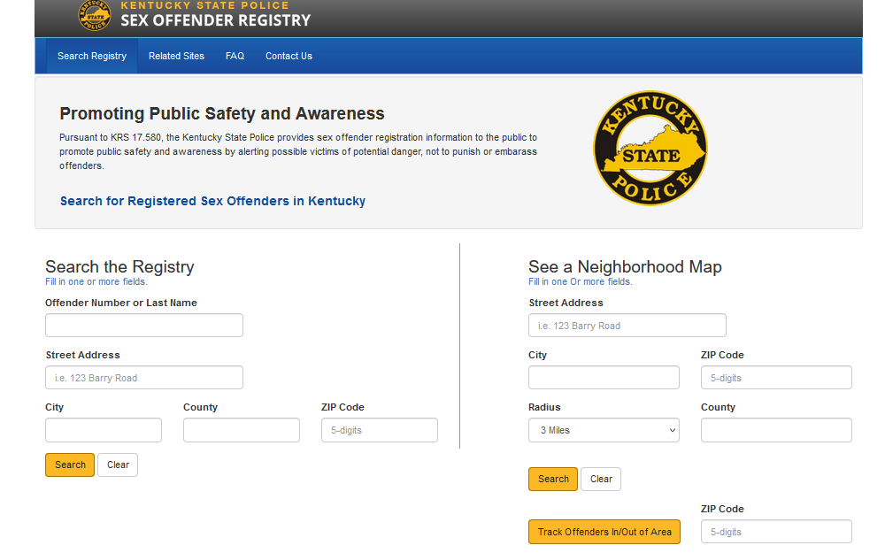 Sex offender registry Kentucky State police background check screenshot. 