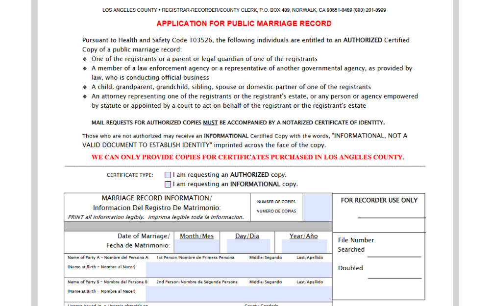 An application form for a public marriage record from Los Angeles County, specifying eligibility for authorized or informational copies and outlining required registrant details.