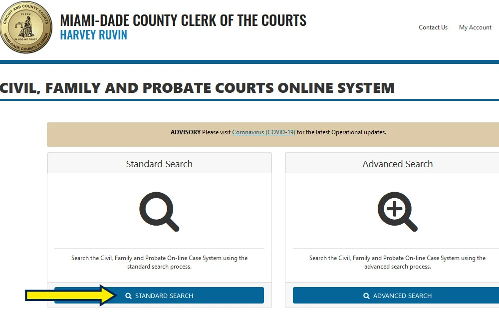 Miami Dade Clerk of Court website standard search screenshot. 