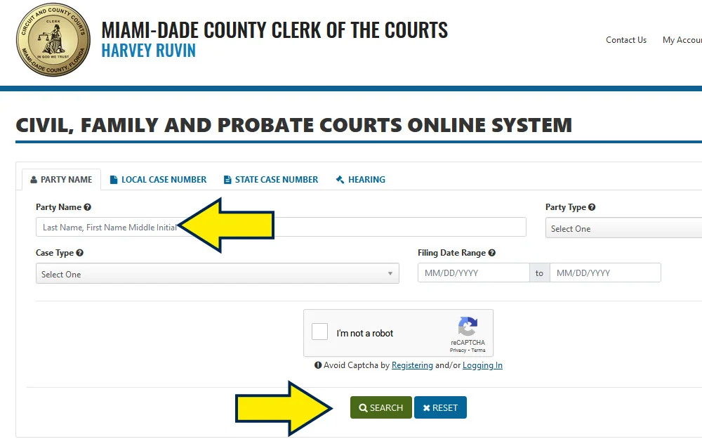 Information tabs to search Miami Dade County court records based on name, address, case number and more. 