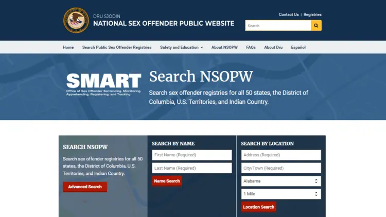 Screenshot of the National Sex Offender Public Website (NSOPW) homepage, showing search options to find sex offender registries by name or location for all U.S. states and territories.