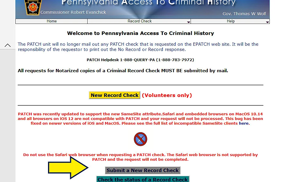 PATCH online system screenshot for performing a criminal background check PA. 