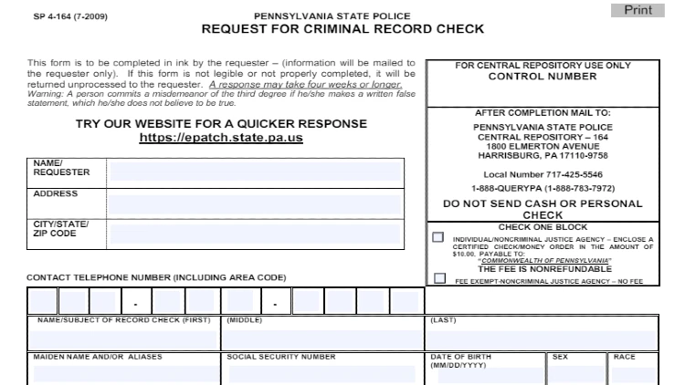 SP4-164 form screenshot form DHS PA website showing the first part of the form with title Pennsylvania state police request for criminal record check.