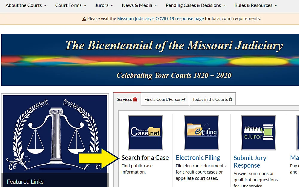 How to find someone's criminal record in Missouri court clerk website screenshot. 