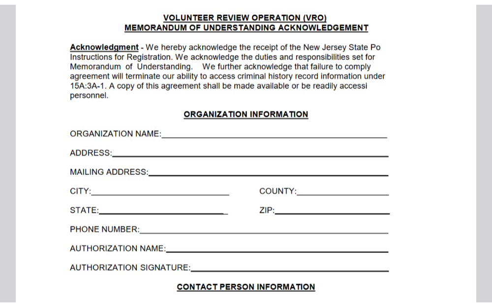 A Memorandum of Understanding Acknowledgement form for the New Jersey State Police, including sections for acknowledgment of the document, organization information, and contact person details.
