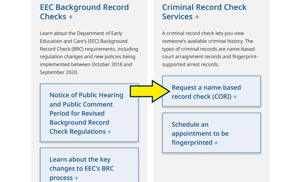 Background check, Massachusetts EEC policy links screenshot. 